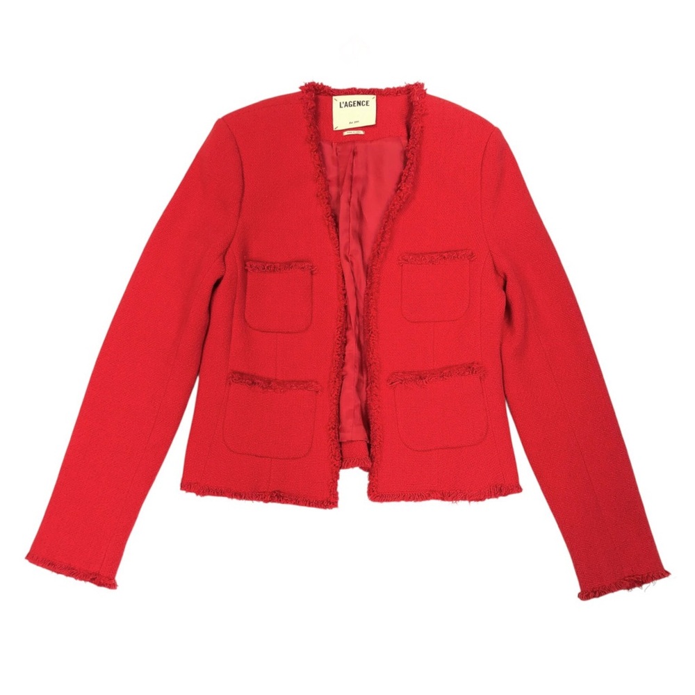 L’agence Jules Tweed Fringe Trim Blazer Jacket Women Size 6 Red Formal Business